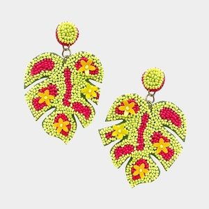Neon green hot pink seed bead tropical leaf fashion felt earrings